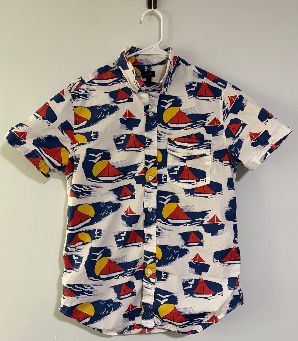 J.Crew Men's S Sailboat Print Short Sleeve Button Down Shirt Nautical Coastal